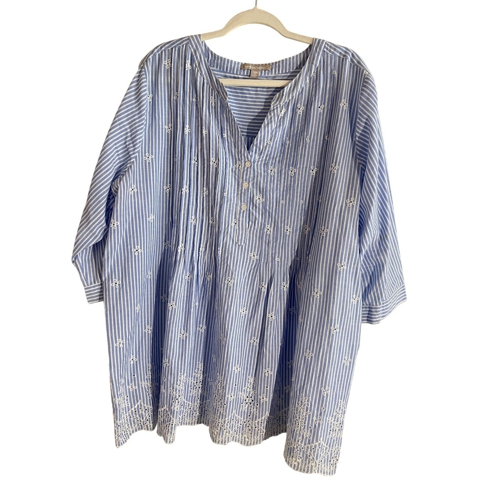 Woman‎ Within Tunic Womens 1X Blue White Stripe Eyelet Embroidered Cotton Blouse